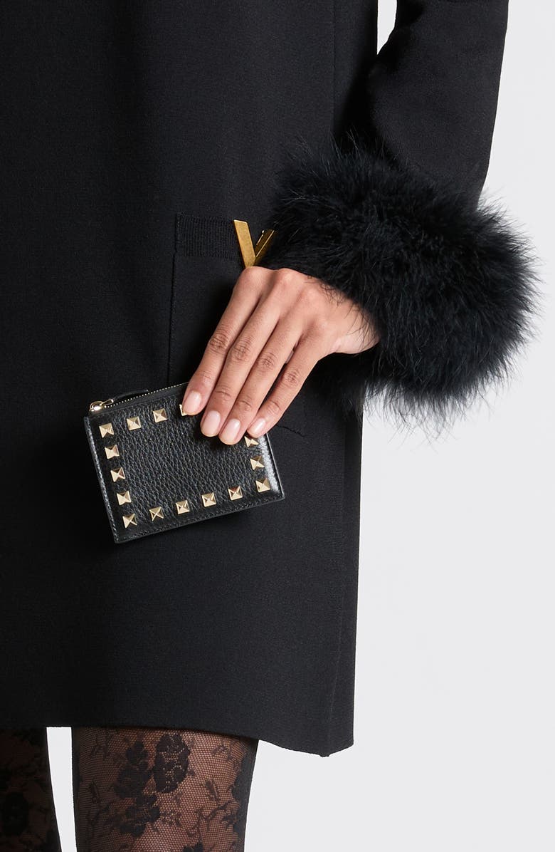 Valentino Garavani Rockstud Leather Coin Card Case, Alternate, color, Black