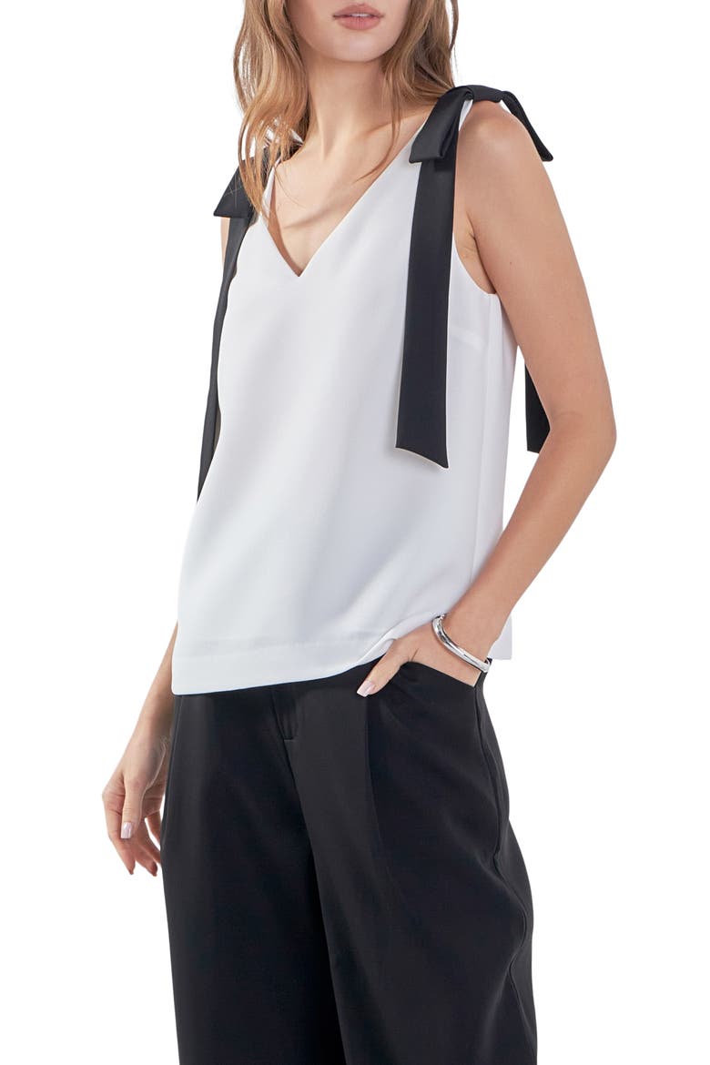 Contrast Bow V-Neck Tank Top, Alternate, color, OFF WHITE