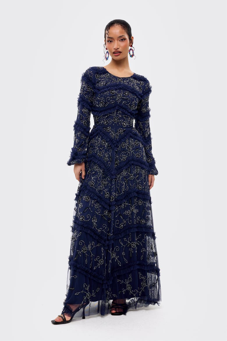 Modest Embellished Sequins Ruffle Maxi Dress, Main, color, Mid Night Blue