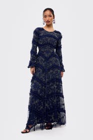 MARYISA Modest Embellished Sequins Ruffle Maxi Dress