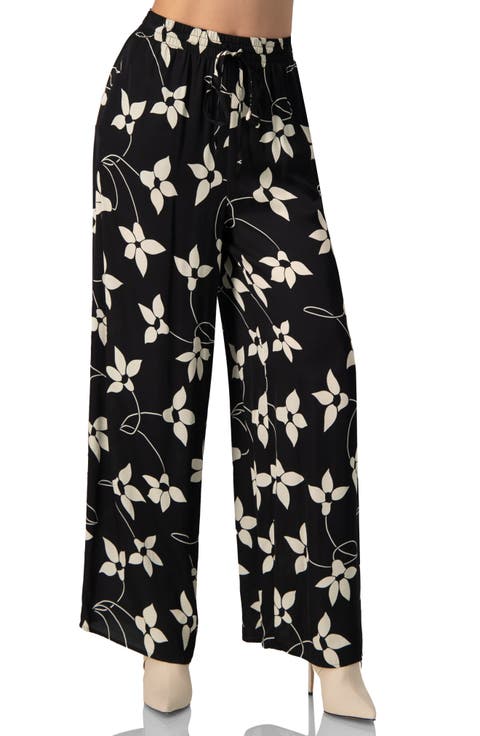 Wide-Leg Floral Print Pants with Pockets