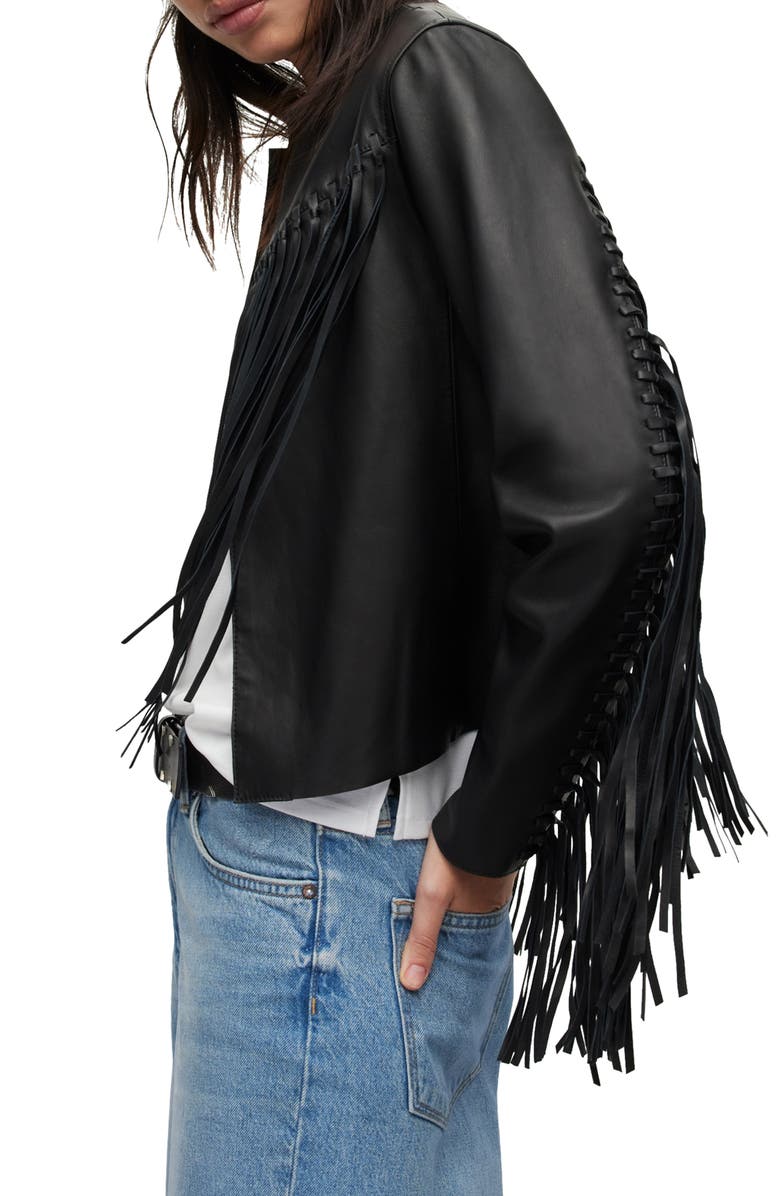 AllSaints Reema Fringe Leather Jacket, Alternate, color,