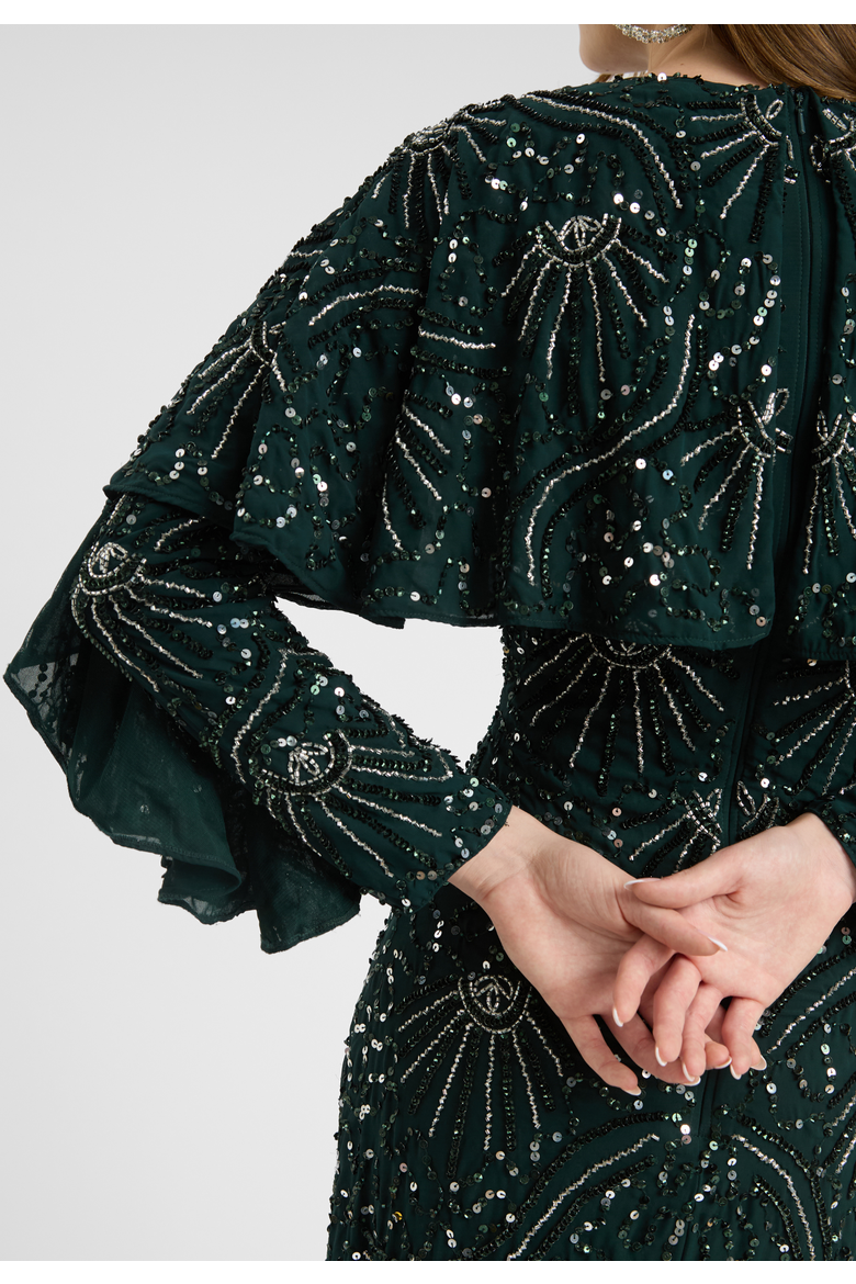 Modest Embellished Sequin Beaded Dress Maxi With Cape Style Top, Alternate, color, EMERALD GREEN
