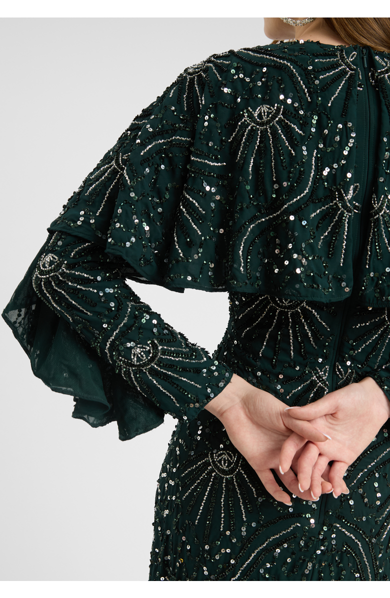 MARYISA Modest Embellished Sequin Beaded Dress Maxi With Cape Style Top, Alternate, color, Emerald Green