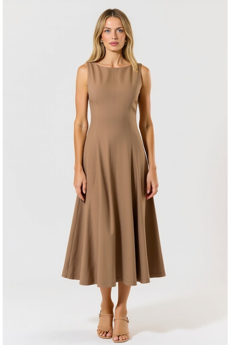 Sleeveless Boat Neck Fit and Flare Midi Dress with Seam Detailing, Alternate, color, Brown
