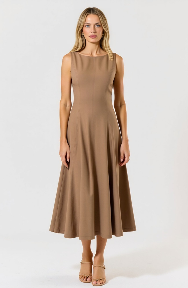 Modenaire Sleeveless Boat Neck Fit and Flare Midi Dress with Seam Detailing, Alternate, color, Brown