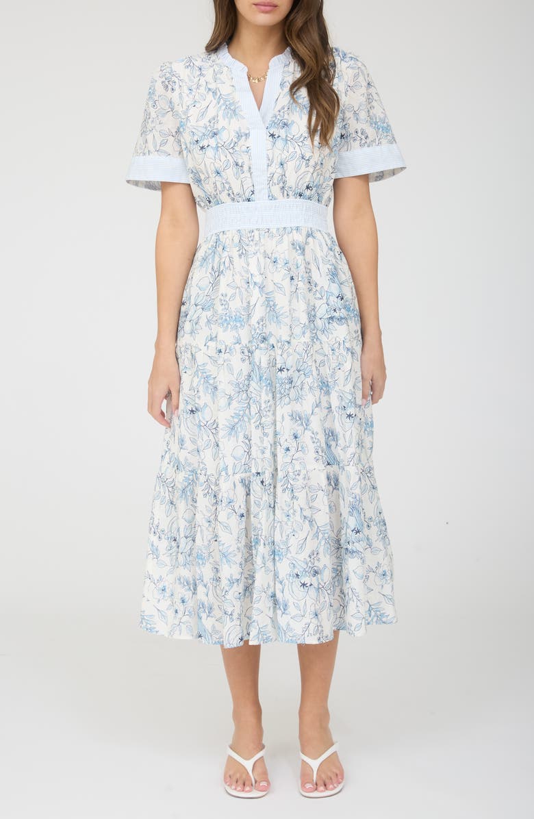 AUGUST SKY Floral Short Sleeve Midi Dress, Main, color, Ivory/ Blue