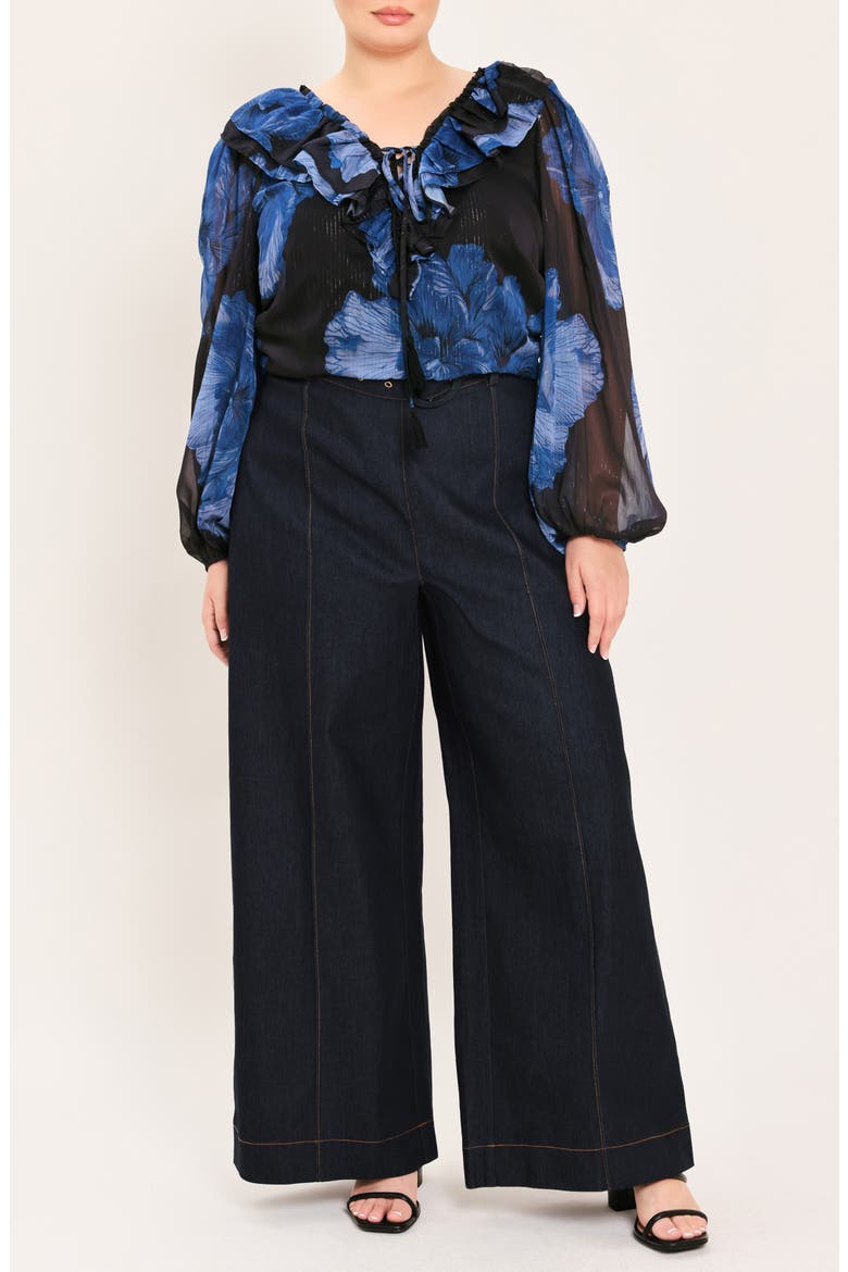Ruffle Floral Print Balloon Sleeve Top, Alternate, color, BLACK / BLUE