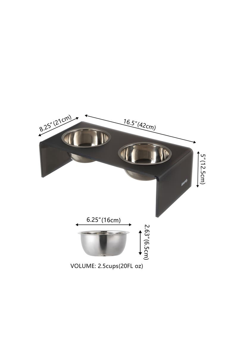 Keaton Modern Lucite Rectangular Elevated Pet Feeder with 2-Stainless Steel Bowls, Alternate, color, Dark Gray/Chrome