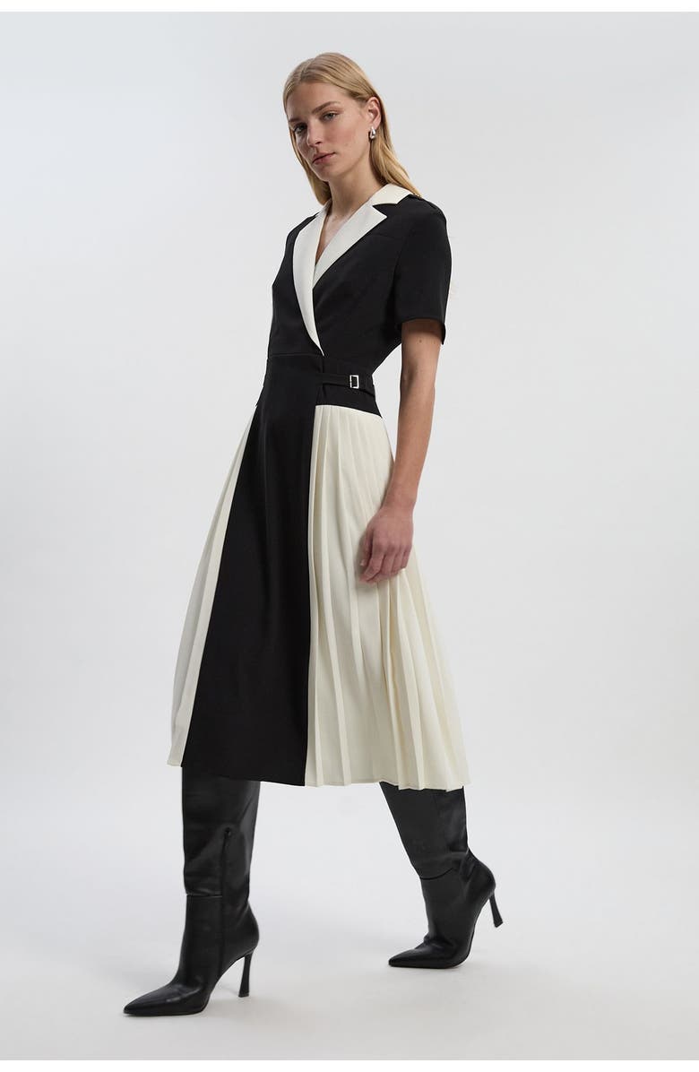 Karen Millen Tailored Crepe Pleated Midi Shirt Dress, Main, color, Mono