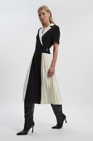 Karen Millen Tailored Crepe Pleated Midi Shirt Dress