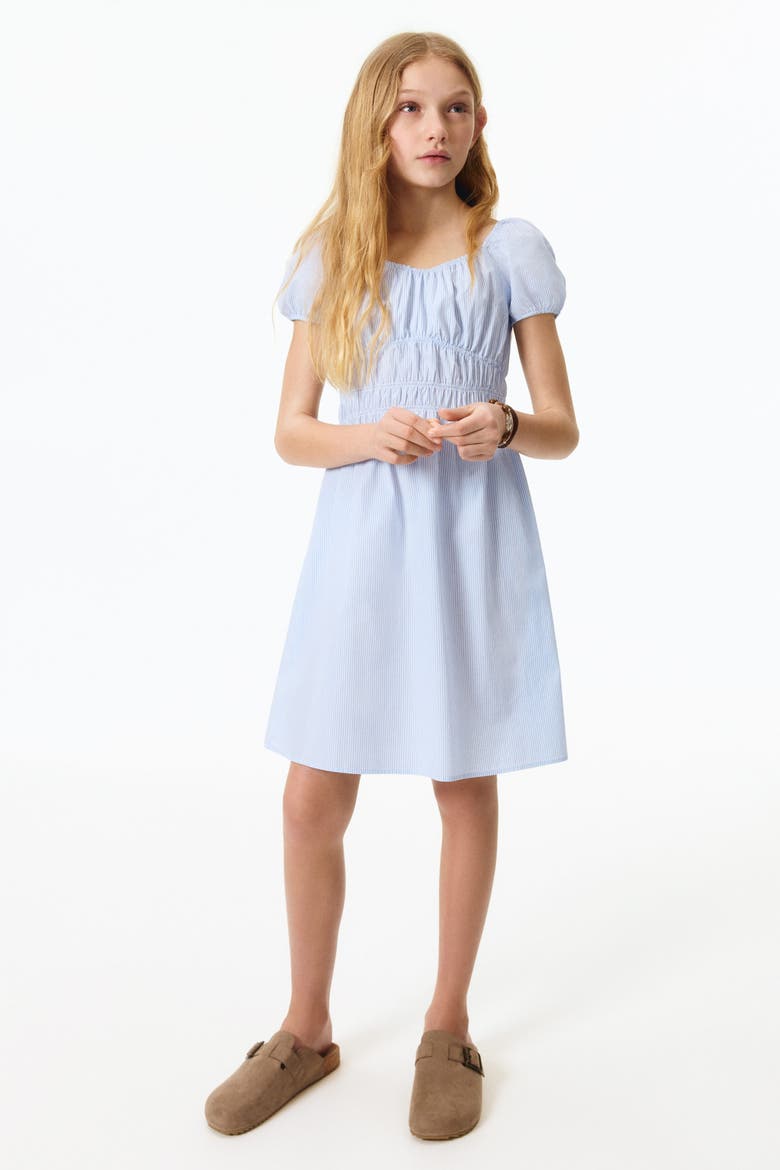 Puff-sleeved Cotton Dress, Main, color, Light blue/white striped
