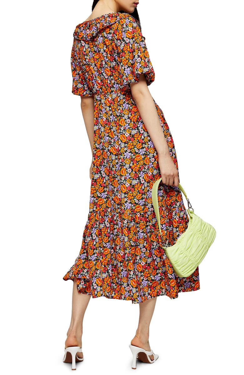 Topshop Ruffle Trim Floral Midi Dress, Alternate, color, 