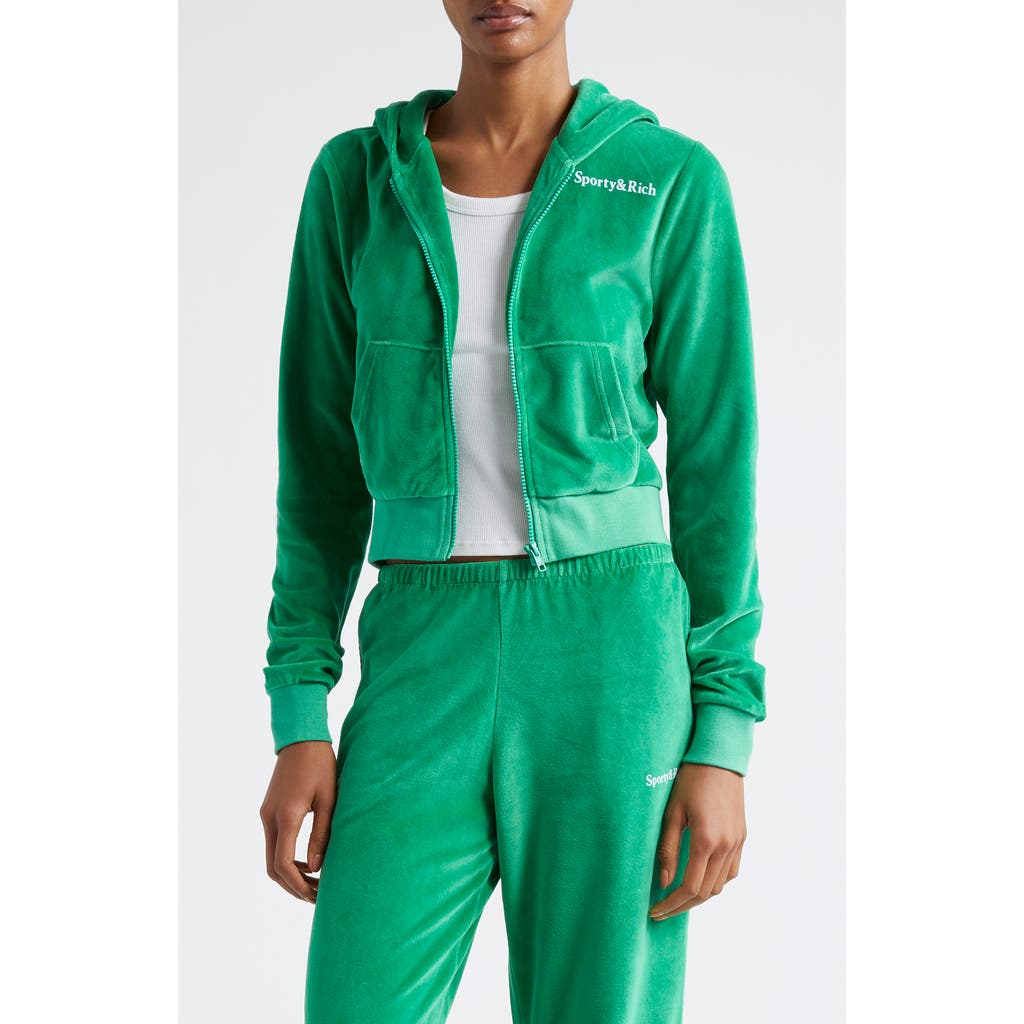 Sporty And Rich Sporty & Rich Health Cotton Velour Graphic Zip-up Hoodie In Verde