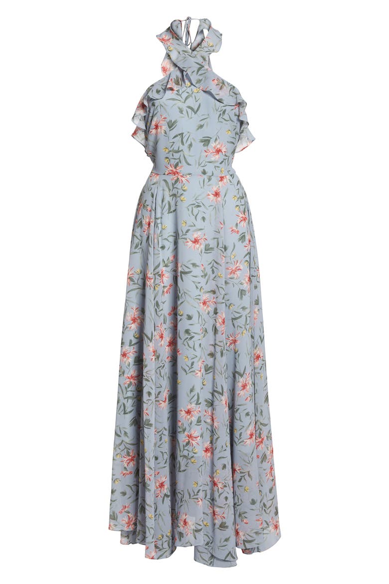 Ella Floral Ruffle Chiffon Maxi Dress, Alternate, color, SMOKE BLUE GREY/ LIGHT RED