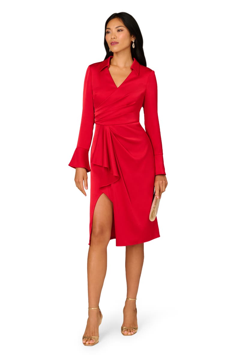 Aidan Mattox by Adrianna Papell Long Sleeve Faux Wrap Crepe Back Satin Midi Dress, Alternate, color, 