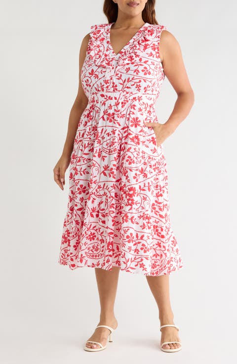 Ruffle Sleeveless Tiered Cotton Midi Dress (Plus)