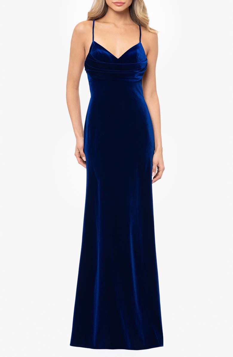 Blondie Nites Back Cutout Sleeveless Velvet Gown, Main, color, Sapphire