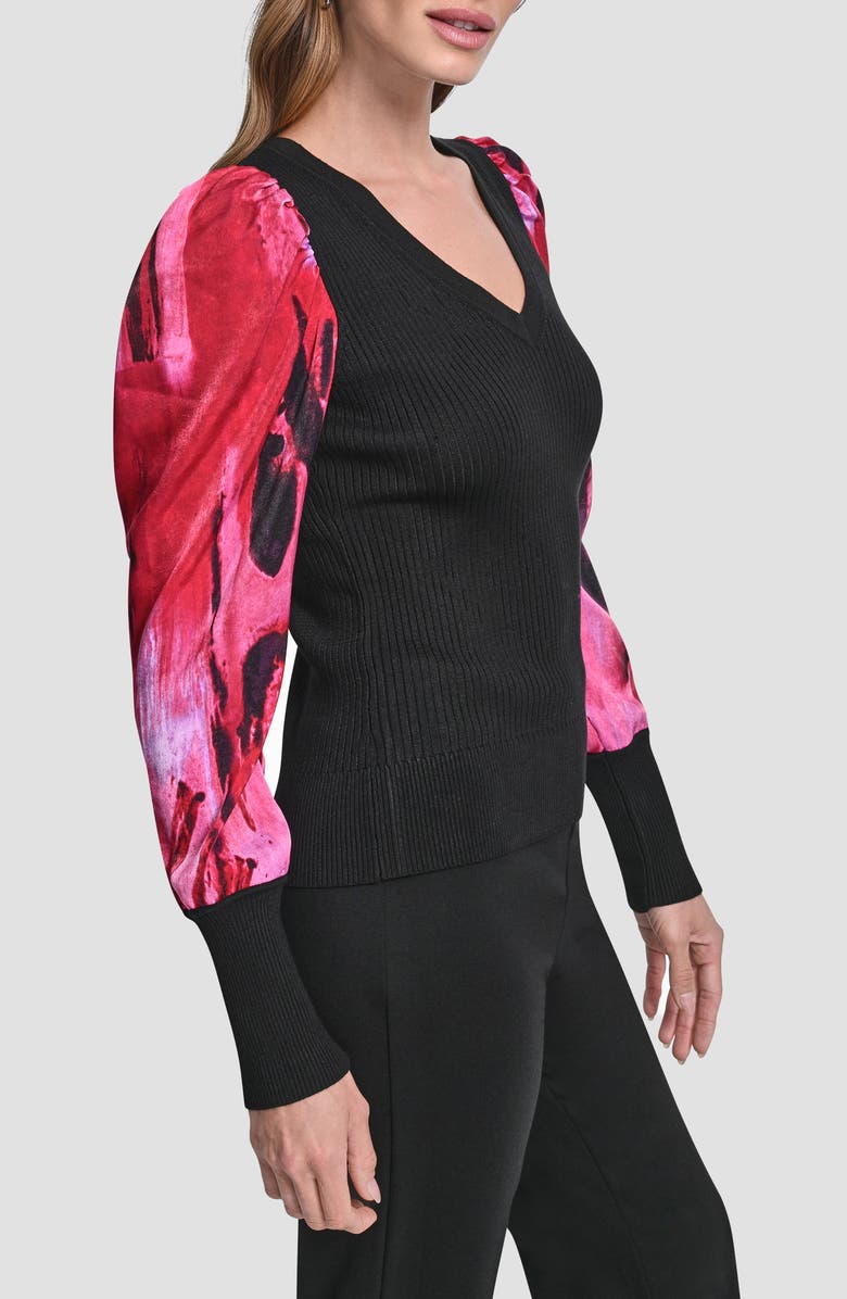 DKNY Mixed Media Long Sleeve Sweater, Alternate, color, Black/ Neon Nights