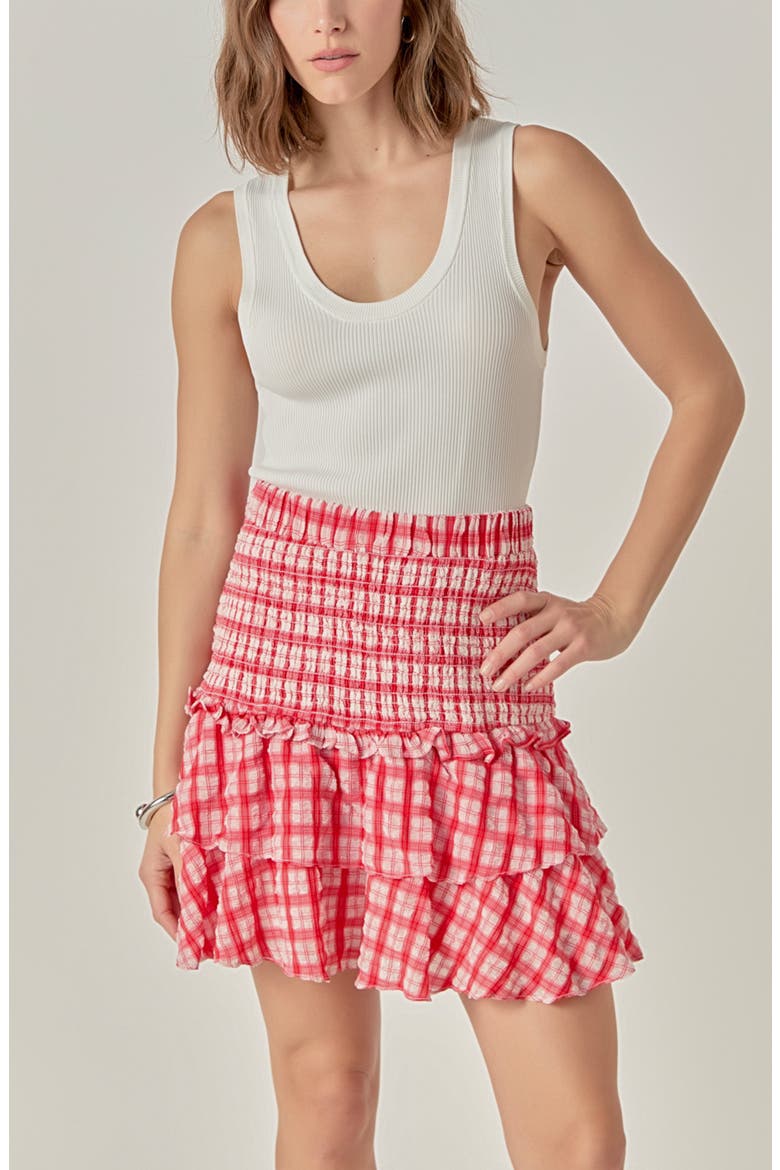 Plaid Smocked Waist Ruffle Miniskirt, Alternate, color, RED