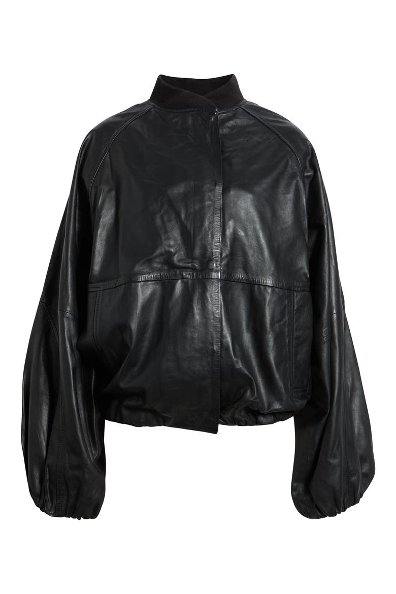 Kylie Oversized Leather Bomber Jacket, Alternate, color, BLACK