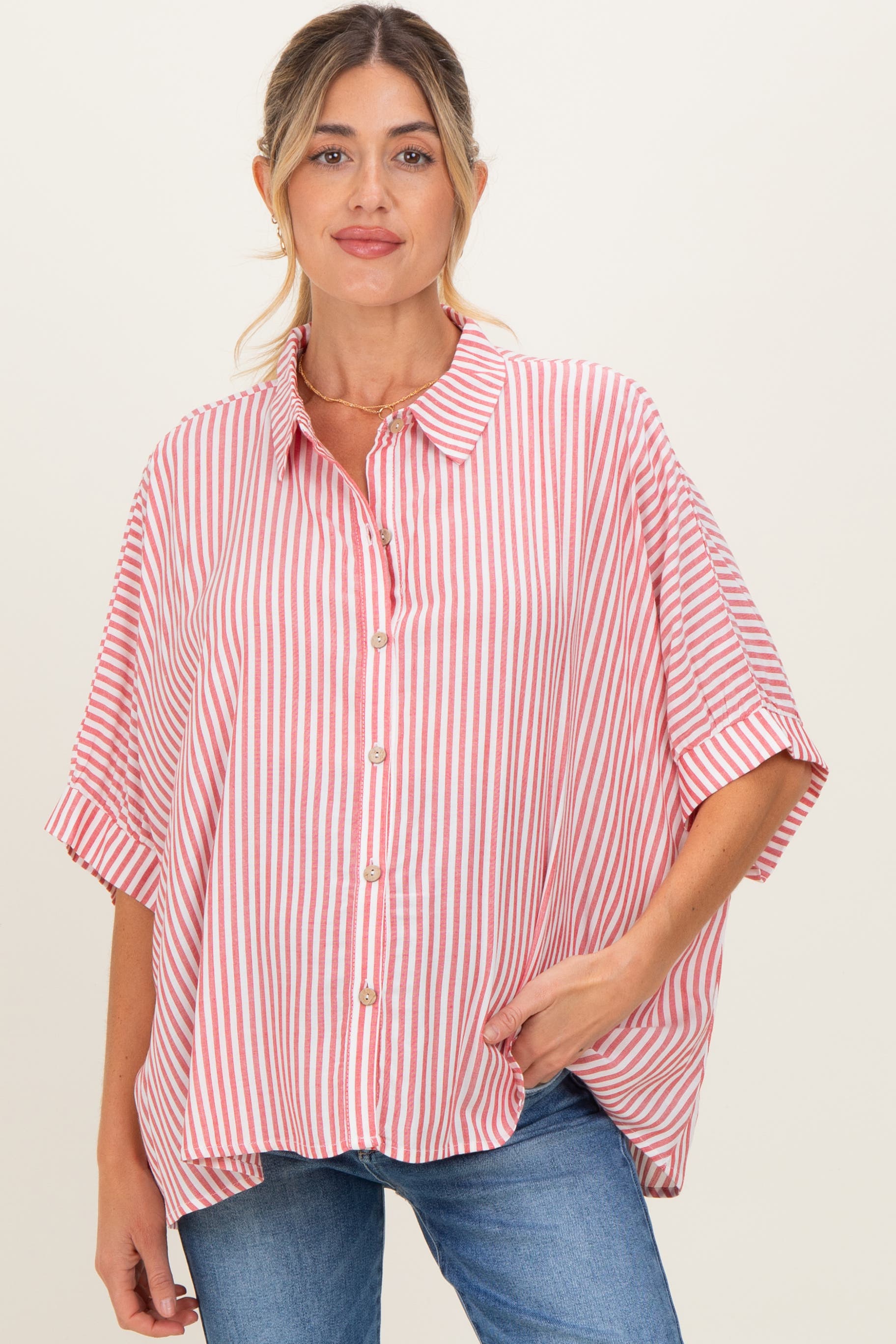 Striped Button Up Dolman Top - image 3