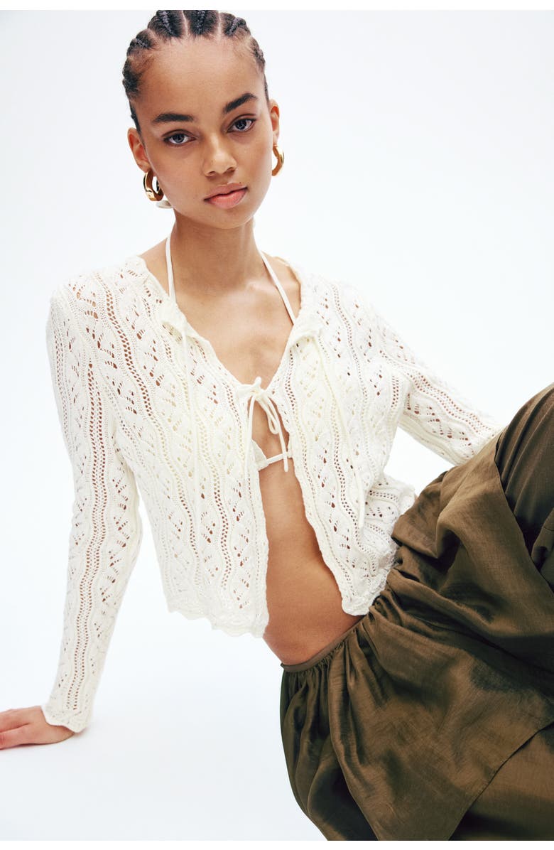 H&M Pointelle-knit tie-front cardigan, Alternate, color, Cream