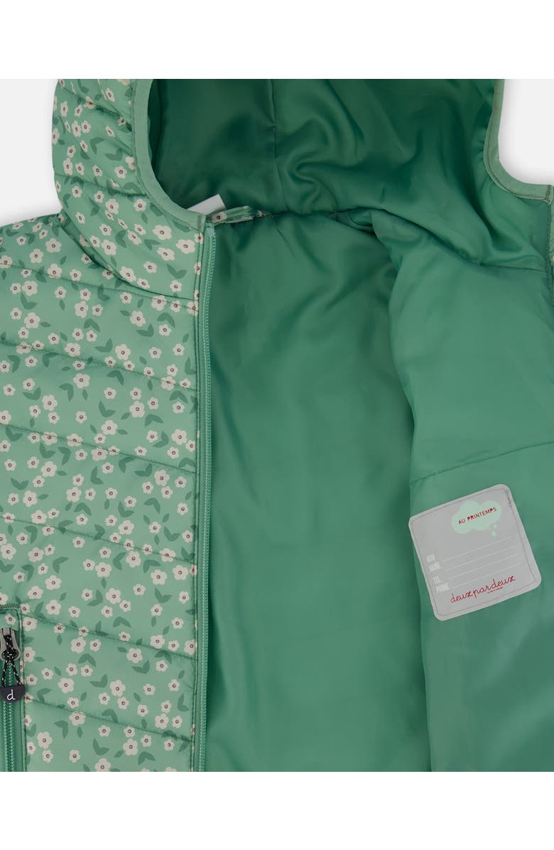Deux par Deux Little Girl's Printed Quilted Mid-Season Jacket Small White Flowers On Sage Green Background, Alternate, color,
