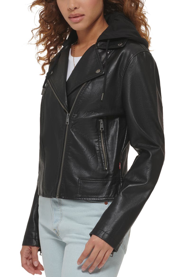 Levi's® Fleece Hood Faux Leather Moto Jacket, Alternate, color, BLACK