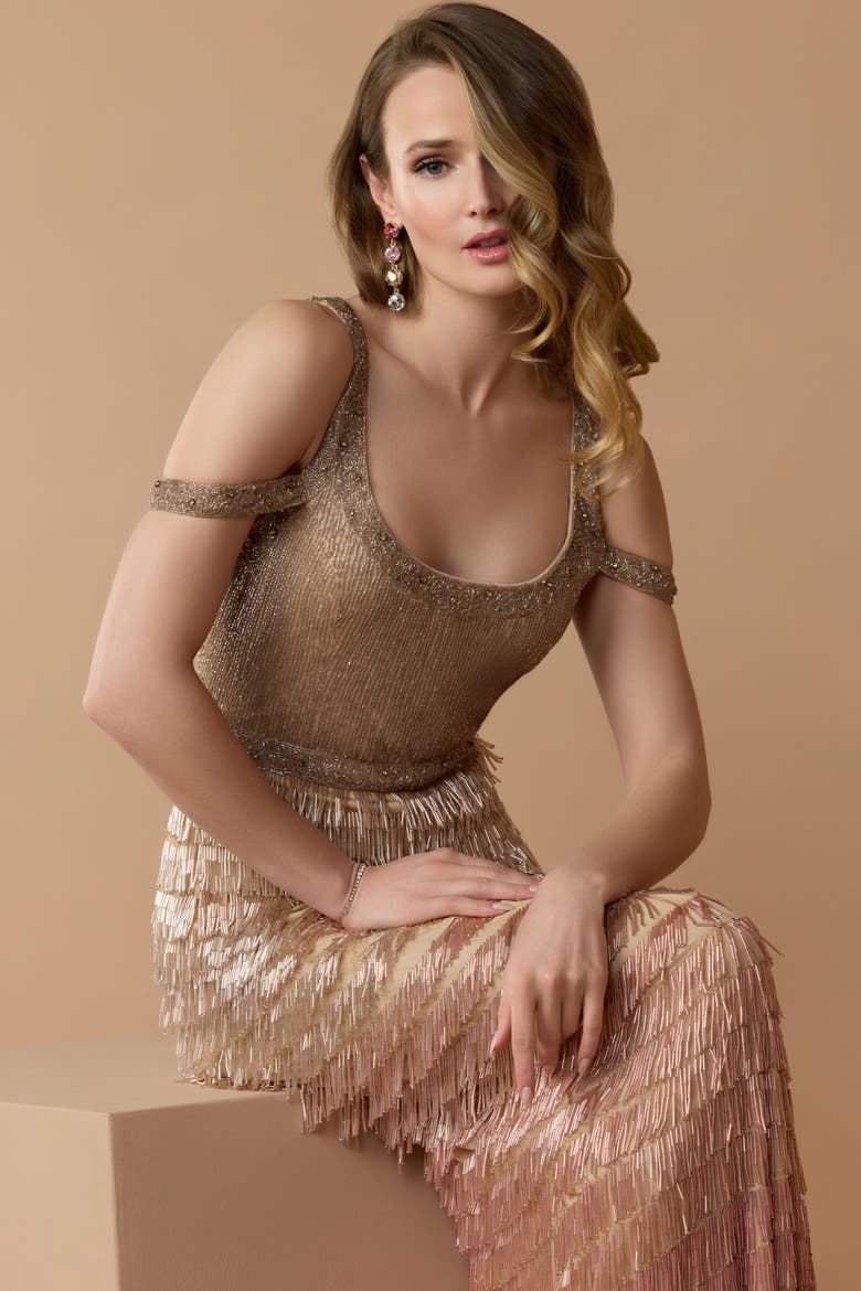 Scoop Neck Embellished Fringe Gown, Alternate, color, Pink Ombre