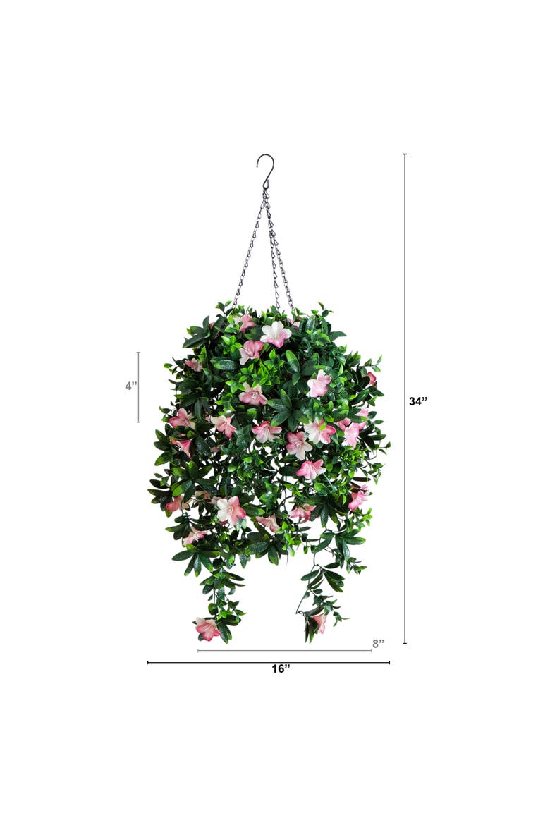 34-in UV Resistant Artificial Azalea Hanging Basket, Alternate, color, Green/Pink