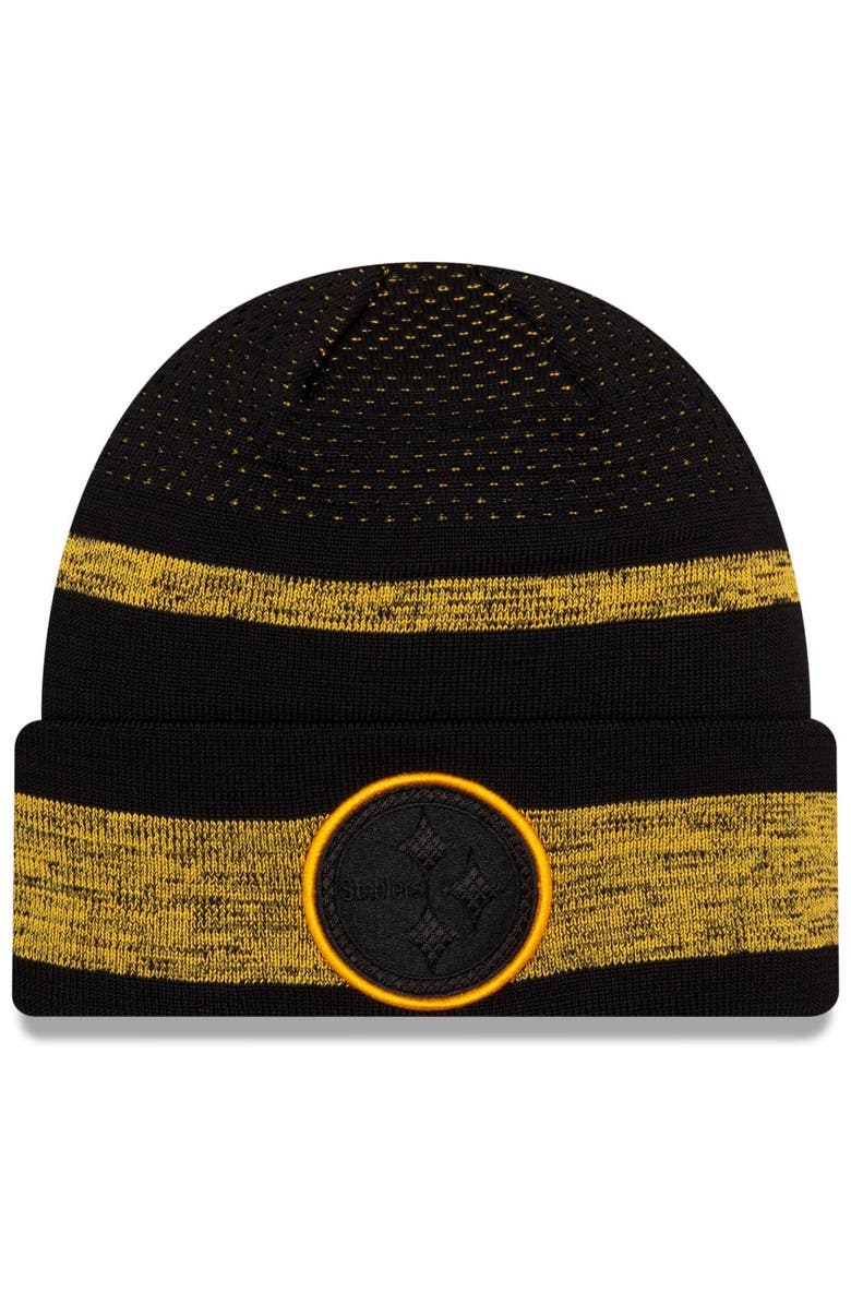 New Era Youth New Era Black Pittsburgh Steelers 2021 NFL Sideline Tech Cuffed Knit Hat, Main, color,