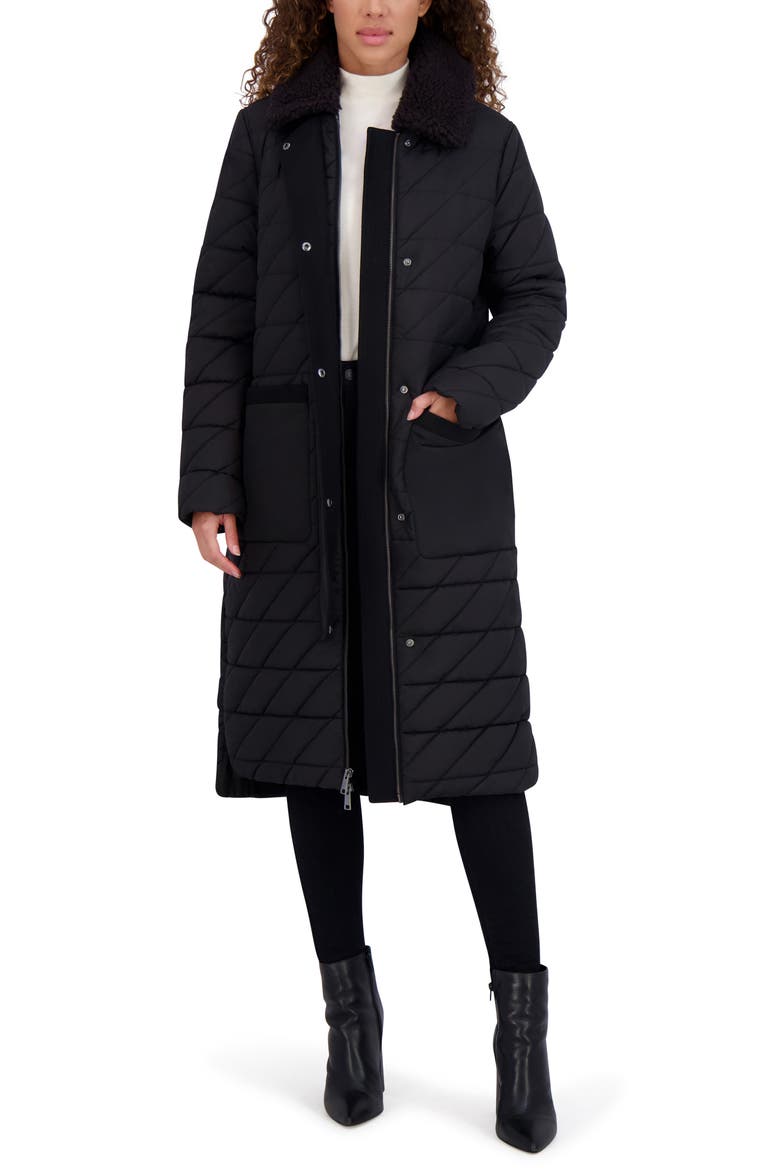 Maxine Quilted Coat with Faux Shearling Collar, Alternate, color, BLACK