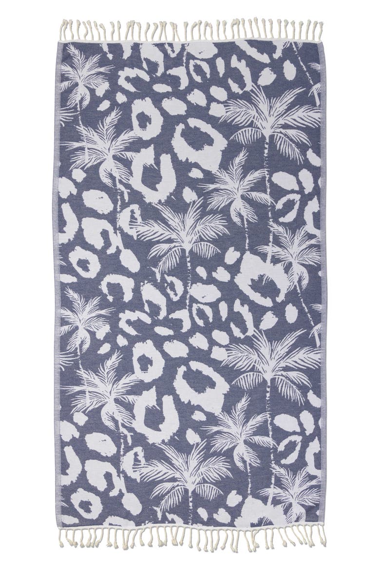 Leopard Palm Organic Turkish Towel, Main, color, Navy