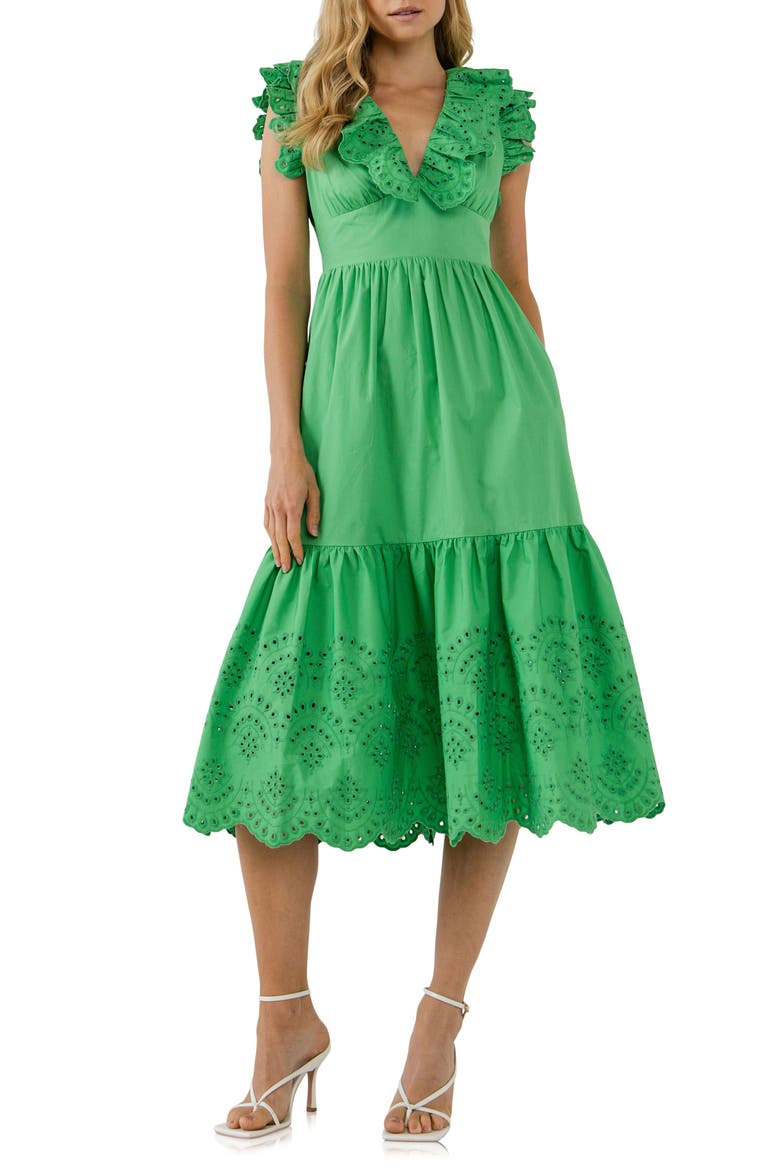 Eyelet Trim Cotton Midi Dress, Main, color, GREEN