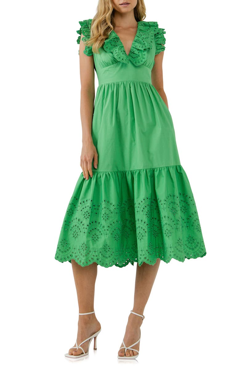 English Factory Eyelet Trim Cotton Midi Dress, Main, color, Green