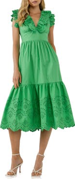 English Factory Eyelet Trim Cotton Midi Dress