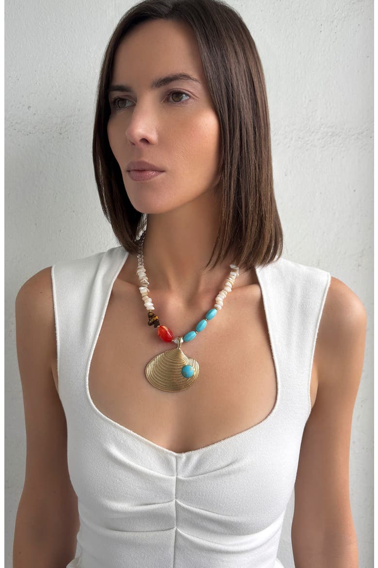 Mixed Bead Shell Pendant Necklace, Alternate, color, BLUE/ GOLD