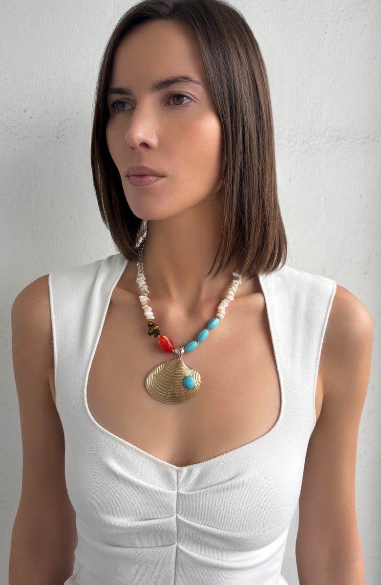 Adornia Mixed Bead Shell Pendant Necklace, Alternate, color,