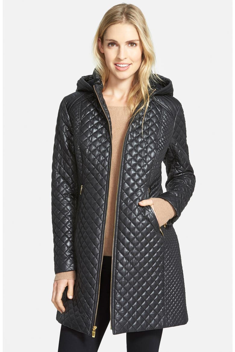 Hooded Front Zip Quilted Coat, Main, color, BLACK