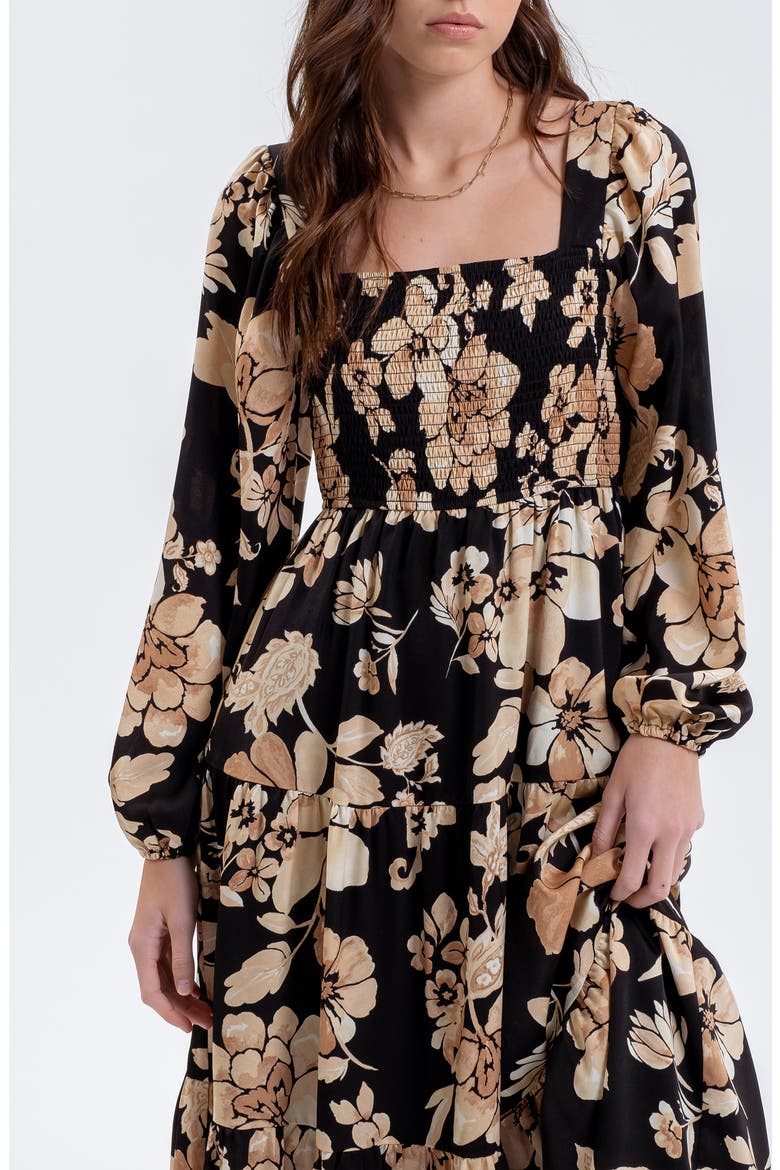 Floral Long Sleeve Midi Dress, Alternate, color, BLACK MULTI