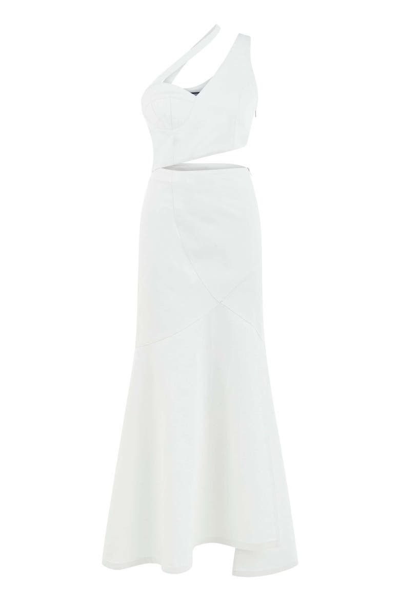 Ron Asymmetric White Denim Maxi Dress, Alternate, color, White