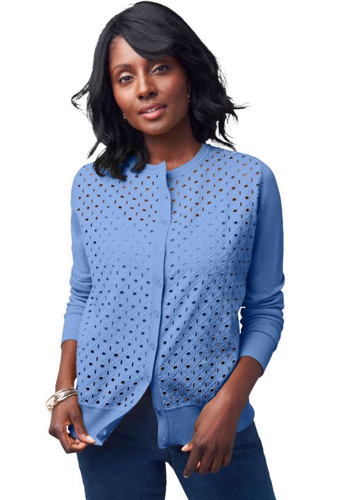 Jessica London Fine Gauge Eyelet Cardigan In Blue