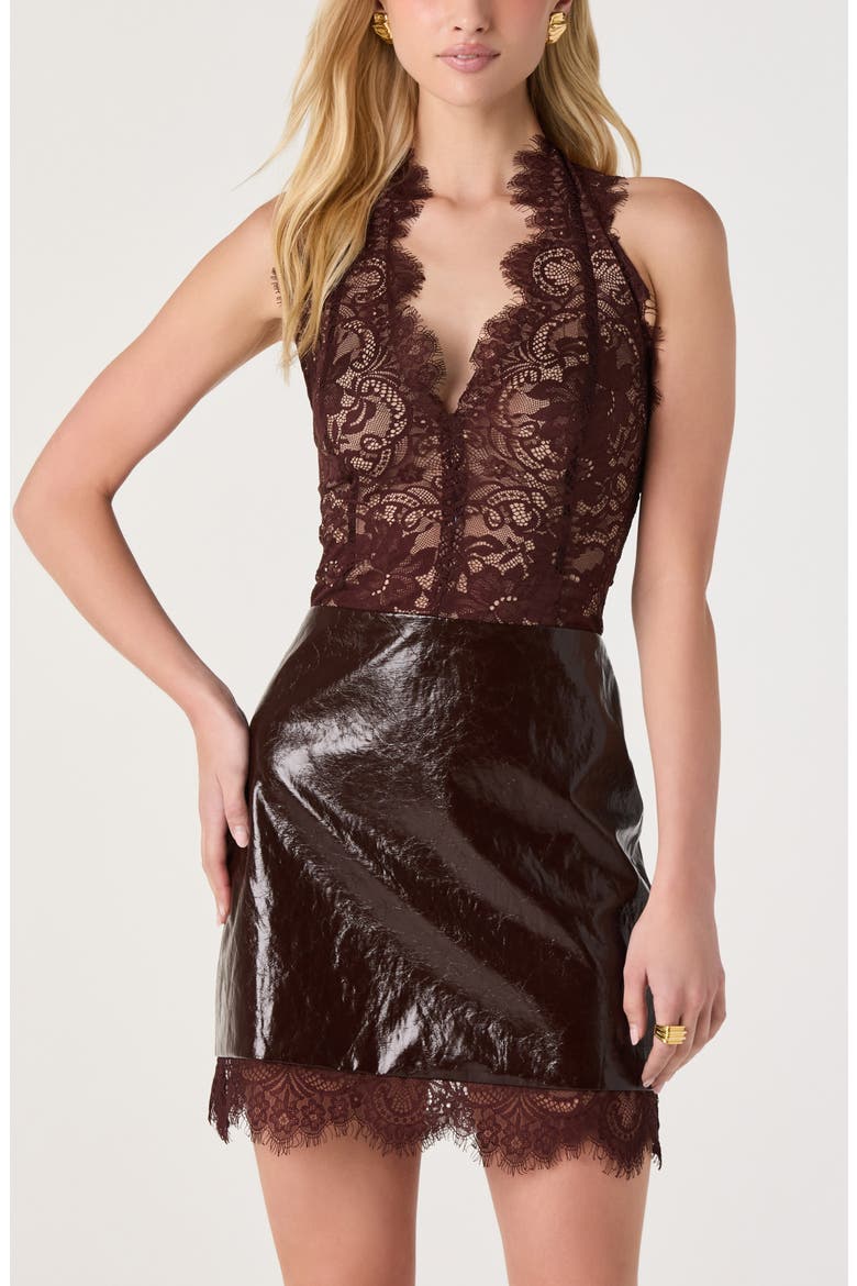 Rita Mixed Media Lace & Faux Leather Minidress, Alternate, color, BROWN