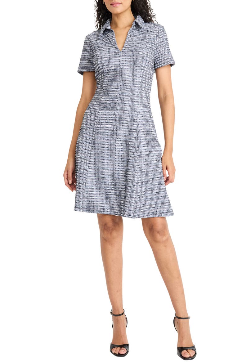 Collared Short Sleeve Tweed Dress, Main, color, NAVY MULTI