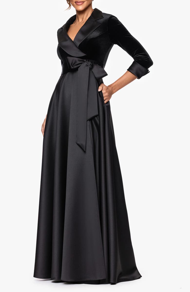 Xscape Evenings Velvet & Satin Ballgown, Alternate, color, Black