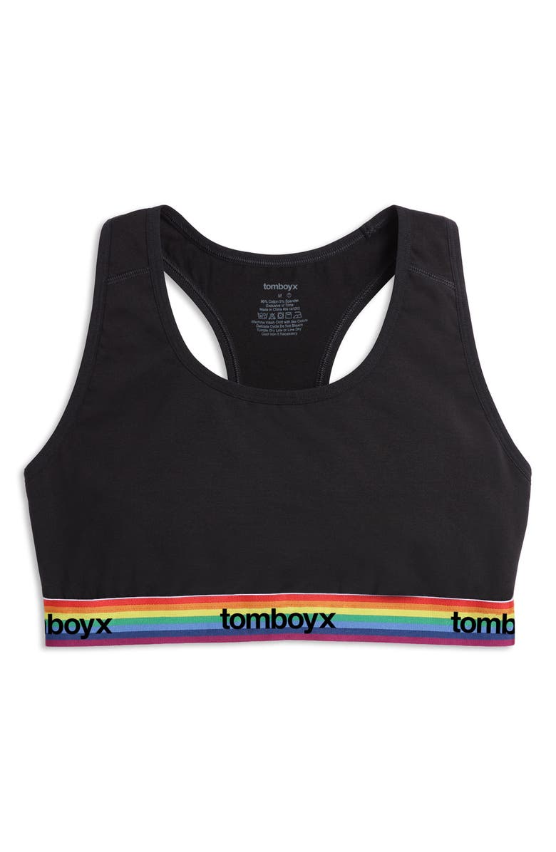 TomboyX Racerback Soft Bra, Main, color, Black Rainbow Logo