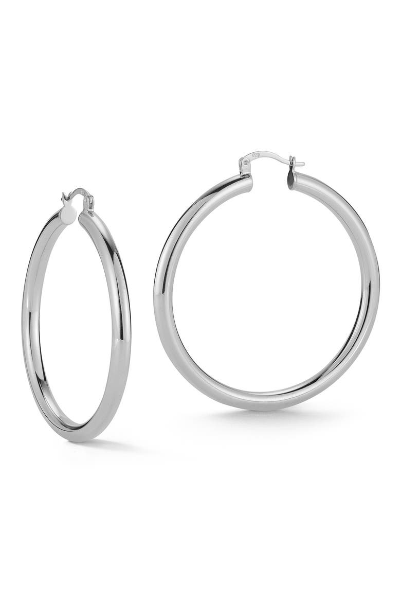 Large Rhodium Plated Sterling Silver Tube Hoop Earrings, Main, color, SILVER