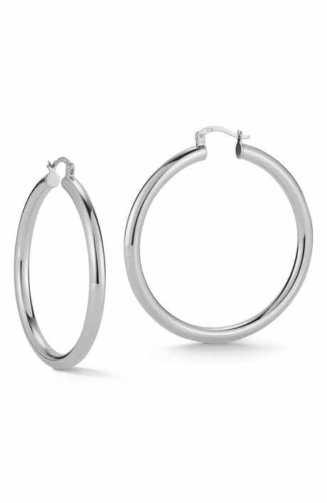 Large Rhodium Plated Sterling Silver Tube Hoop Earrings