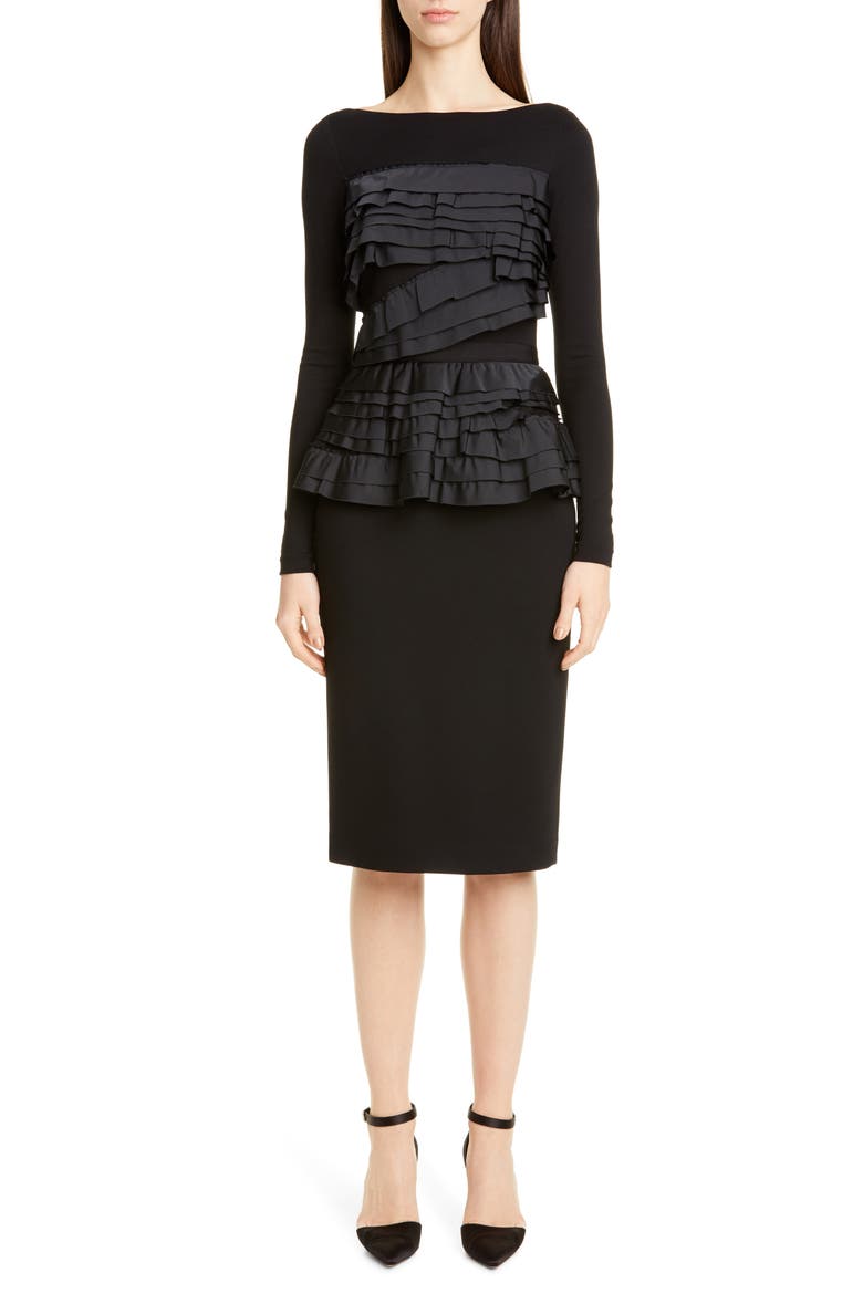 Collection Taffeta Trim Jersey Long Sleeve Dress, Main, color, BLACK